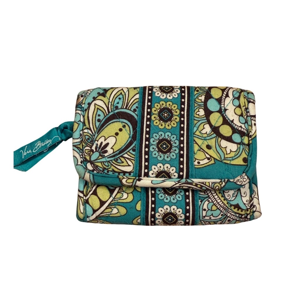 Vera Bradley Teal Lime Green Paisley Quilted Cotton Trifold Wallet‎ ID Window